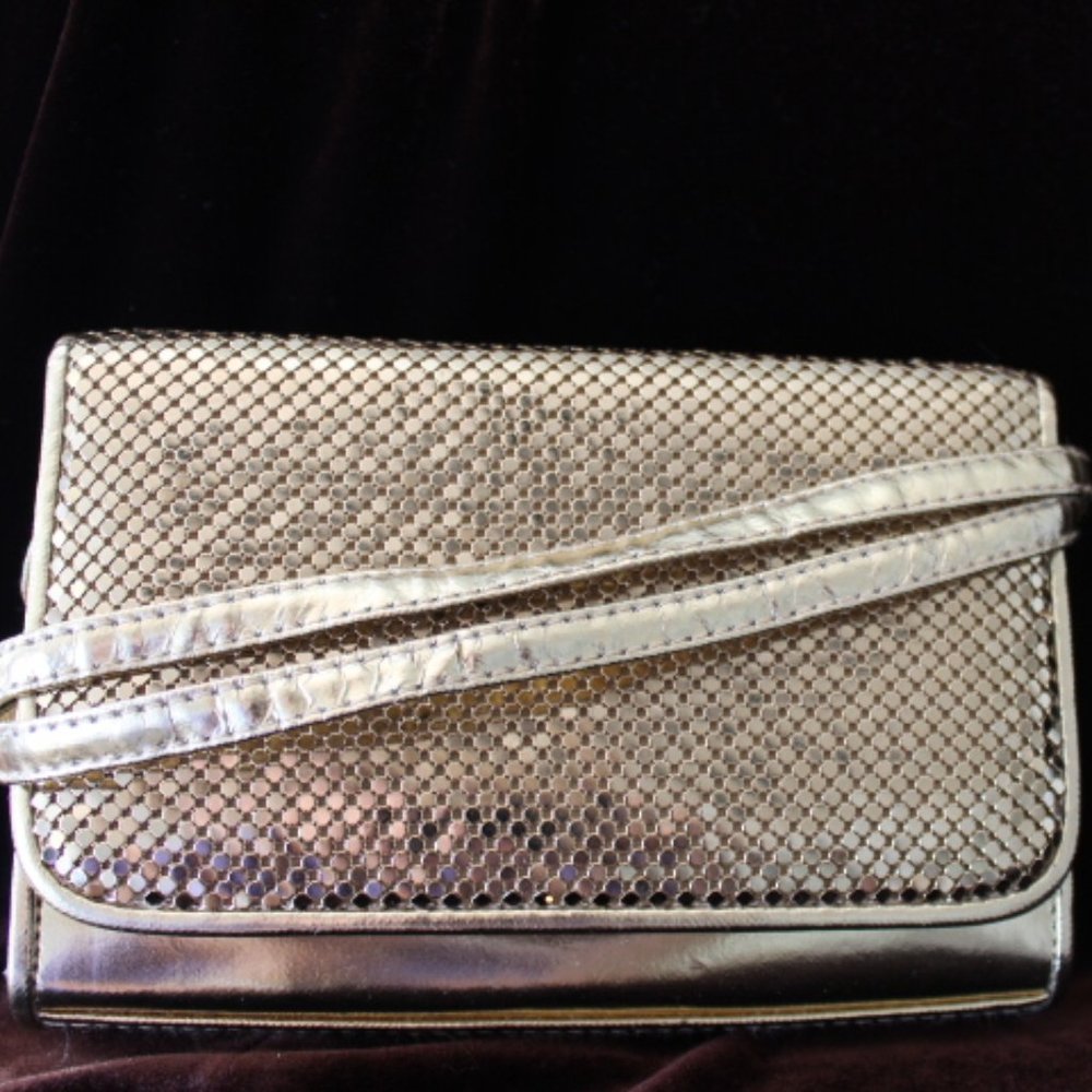 Whiting & Davis International Gold Mesh Cross Body Large Flap Cover Purse